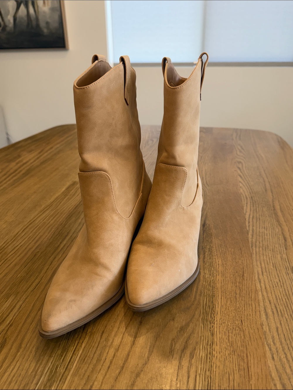 Qupid Tan Faux Nubuck Western Ankle Boots Pointed Toe Block Heel Size 10